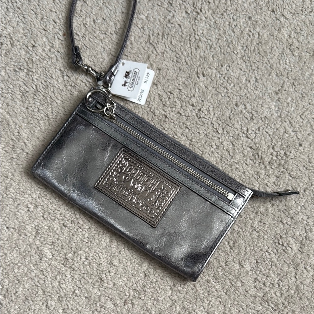 Coach poppy Silver Wristlet with Logo Patch